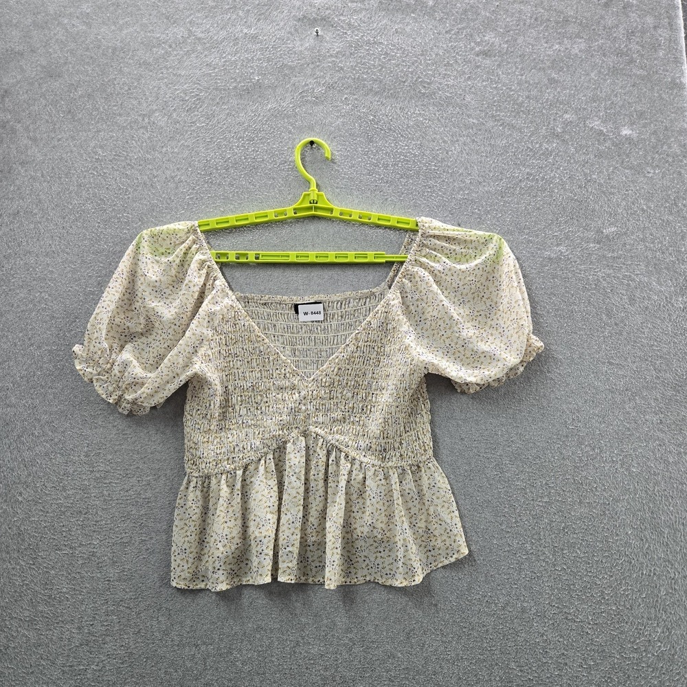 Lulus Women Blouse XL Cream Floral Chiffon Peplum Ruffle Babydoll Boho Milkmaid